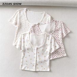 Harajuku 70er Jahre Vintage O-Ausschnitt Floral Kurzarm T-Shirt Basis T-Shirts Sommer Mädchen Einreiher Knopf Kurzes T-Shirt Crop Top 220411