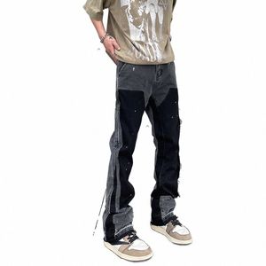 Harajuku Black Graffiti Jeans évasés Pantalons Patchs Hip Hop Spled Ink Jeans larges Pantalons Bleu Slim Fit Wed Jeans pour hommes 34g4 #