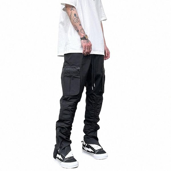 Harajuku pantalones cónicos negros para hombre banda de goma funcional plisada cremallera impermeable pantalones casuales Nyl pantalones de jogging para hombres A6Fa #