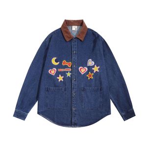 Harajuku blauwe jeans shirt hiphop borduurwerkster maan hart lange mouw denim shirts streetwear 2023 mode losse blouses jas