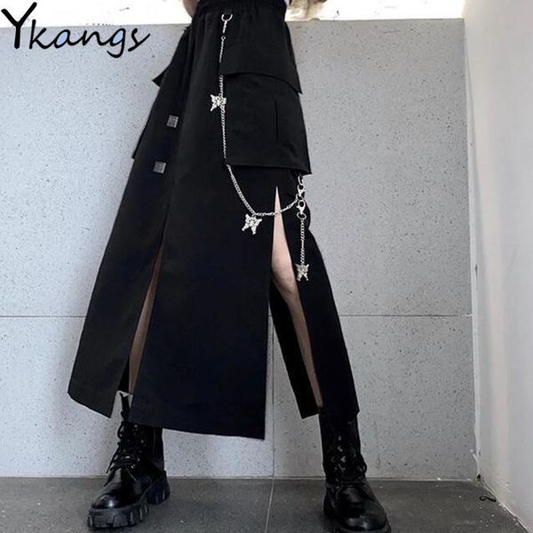 Chaîne papillon Harajuku noir Hip Hop jupe longue femmes automne gothique sexy fendu jupe mi-longue poche taille haute vintage Streetwear LJ201029