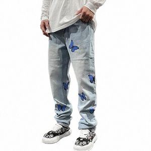 Harajuku Butterfly Print Wed Blue Jenas Pantalon pour hommes Rétro Straight Vibe Style Ripped Casual Denim Pantalon surdimensionné Q5Uj #