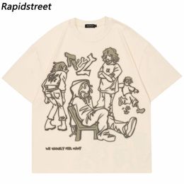 Harajuku cartoon girl chat japonais kanji graphic t-shirt streetwear hommes t-shirt d'été