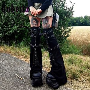 Harajuku Dark Gothic PU Metal Patchwork Black Flare Leg Warmer Pants Mujeres Vintage Grunge Punk Streetwear Muslo Calcetines altos 240315