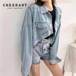 Harajuku denim bijgesneden jas vrouwen hoge blauwe jean asymmetrische jas herfst streetwear 210427