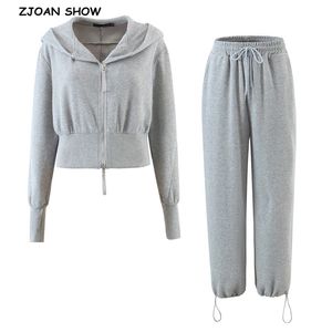 Harajuku dubbele rits hoodie hoodies vrouwen bijgesneden sweatshirt elastische hoge taille aanpassen manchet brede beenbroek korte jumper 210429