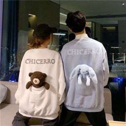 Harajuku brodé ras du cou femmes sweat à capuche vêtements pour femmes vêtements d'hiver ours mignon grande poche couple tenue 220721