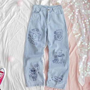 Harajuku mode coton femmes Denim Jeans taille haute frisé pantalon droit doux mignon chiot broderie fille pantalon 210708