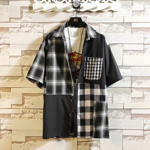 Harajuku mode japanse stijl heren korte mouwen plaid shirts mannelijke patchwork zomer straatkleding 100% katoenen shirt chemise homme