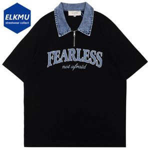 Harajuku Fashion Polo T Shirts Denim Colar Letter Y2K Tops Men Streetwear Hip Hop Oversized T-Shirt Black White 240515
