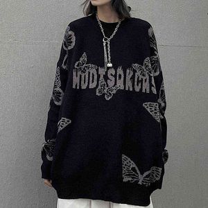 Harajuku Gotische vlinder Jacquard oversized trui zwart o nek gebreide trui voor vrouwen en man 2021 nieuwe losse streetwear T220730