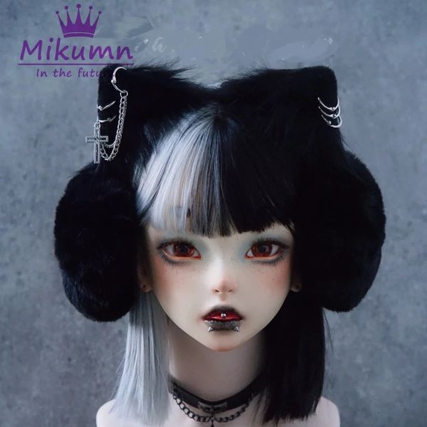 Harajuku gothique croix chaîne en métal en peluche chat oreille chaud cache-oreilles hiver fausse fourrure noir rivet plus chaud manchons streetwear couvre-oreilles 240127