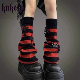 Harajuku gothique croix araignée rayé jambières femmes Punk Rock chaussettes tricotées japonais genou manches couvre-pieds Streetwear 240315