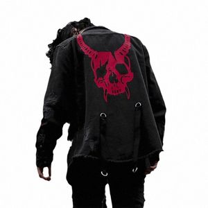 Harajuku gothique Dem Hunter crâne noir veste en jean hommes Rock Punk Heavy Metal sweat Sudadera bretelles trou Streetwear p957 #