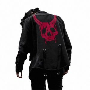 Harajuku gothique Dem Hunter crâne noir veste en jean hommes Rock Punk Heavy Metal sweat Sudadera bretelles trou Streetwear 04Ex #