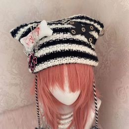 Harajuku gótico lolita gorro japonés sombrero de punto a rayas otoño invierno lindo cuerno de buey Y2K niña sombreros para mujer 240202