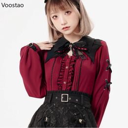 Harajuku Gothic Lolita -shirt Japanse Y2K Esthetic Bow Lace Hollow Out Bat Collar Long Sleeve Blouse Women Elegante kleding tops 240327
