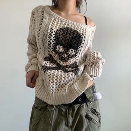 Harajuku grunge y2k esthétique rétro esthétique squelette imprimé pull en tricot creux