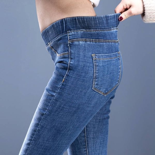Pantalon crayon Harajuku High Street pour femmes coréennes Denim bleu Femme Plus taille 25-34 Jeans taille haute taille élastique 201105