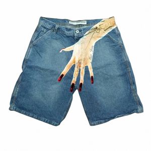 Harajuku Hip Hop Impresión gráfica Retro Azul Baggy Denim Gym Shorts Y2K Shorts Pantalones para hombre Nuevos pantalones de chándal góticos Shorts de baloncesto 03wX #