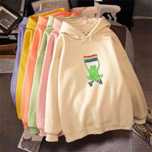 Harajuku Hoodie Creative Rainbow Frog Gedrukt Oversized Hoodie Hooded Sweatshirt Womens Kleding Tops Streetwear Jacket 210809