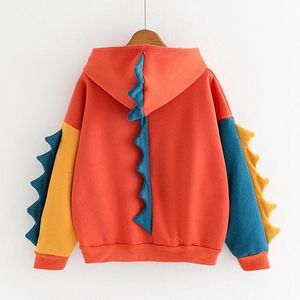 Harajuku Sweats à capuche Automne Femmes Nouveau Patchwork Mignon Kawaii Sweat-shirt Teen Manches longues Oversize Pull à capuche Dinosaur Tops 210422