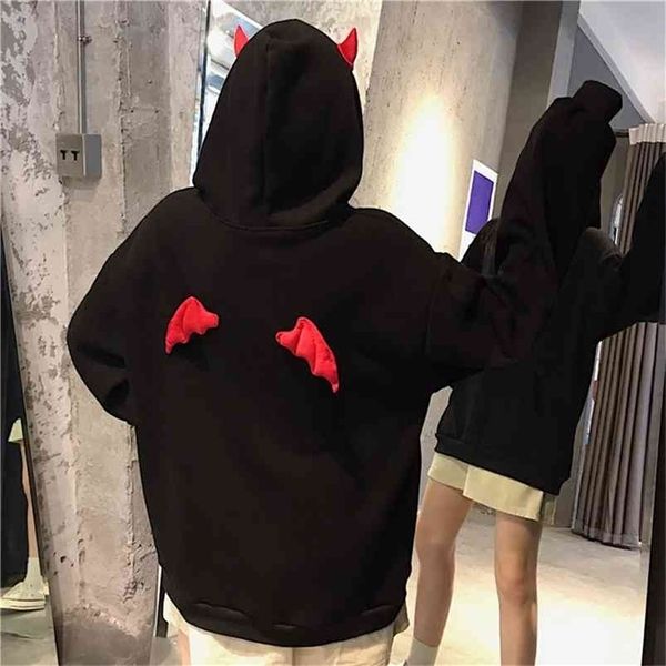 Harajuku sudaderas con capucha niña pequeño diablo cuernos gótico sudaderas con capucha mujeres demonio mosca alas sueltas jerseys bolsillo tops streetwear 210909