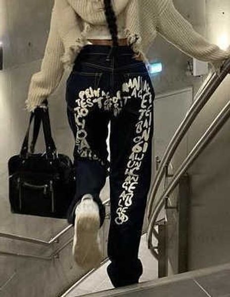 Harajuku Jeans Imprimer Nouveau Y2K Jeans Femme Baggy Pantalon Streetwear Noir Baggy Jeans Femmes Hip Hop Jambe Large Pantalon Droit Rétro T230811