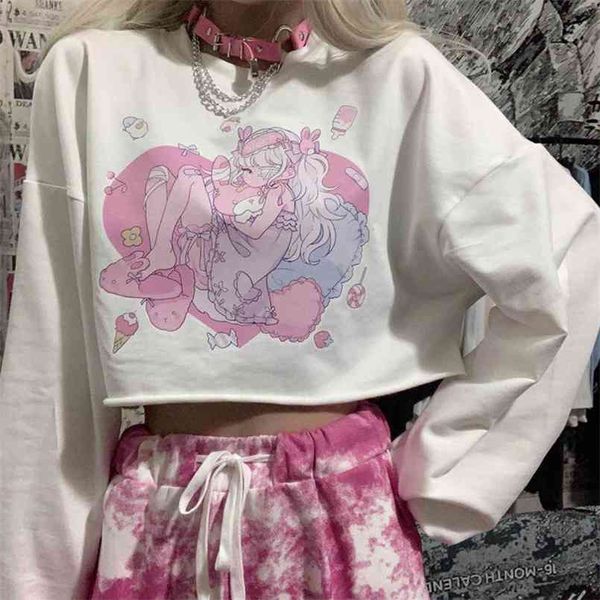 Harajuku kawaii mignon dessin animé anime fille imprimé t-shirt à manches longues t-shirts blancs femmes doux hauts lâche pulls femme vêtements 210819