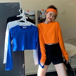 Harajuku Lange mouw Crop Top Vrouwen Zwart O-Neck Basic Vrouw T-shirts Wit Koreaans Chic Cool Streetwear Solid Color T-shirt Women1