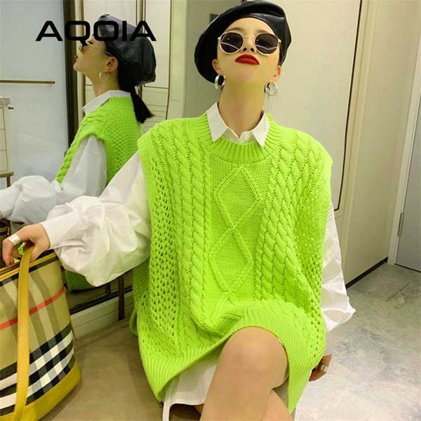 Harajuku flojo fluorescente verde mujeres suéteres corea de gran tamaño punto mujer suéter chaleco invierno más tamaño jersey ropa 211018