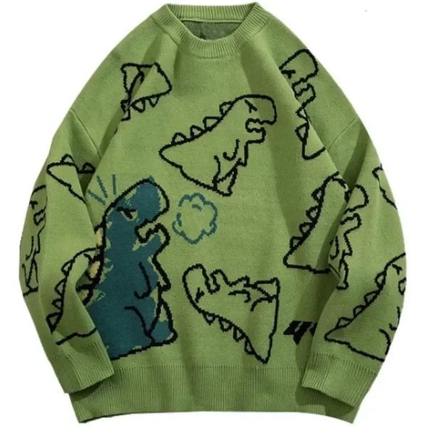 Harajuku hommes tricoté hip-hop rue vêtements dinosaure dessin animé fleur surdimensionné décontracté couple col rond rétro pull 231228