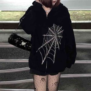 Harajuku Uitloper Rits Sweatshirts Emo Alt Kleding Gothic Punk Spider Web Hooded Women Fairy Grunge Dark Plus Size Hoodies 210909