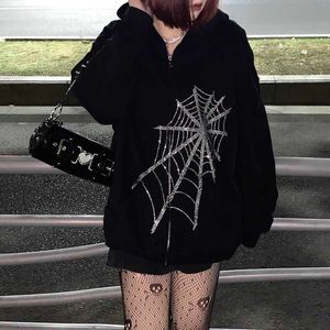 Harajuku Uitloper Rits Sweatshirts Emo Alt Kleding Gothic Punk Spider Web Hooded Women Fairy Grunge Dark Plus Size Hoodies 210927