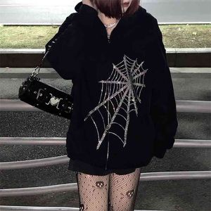 Harajuku Outwear Zipper Sweatshirts emo alt Vêtements Gothic Punk Spider Web Hooded Women Fairy Grunge Dark Plus Taille Hoodies 210910