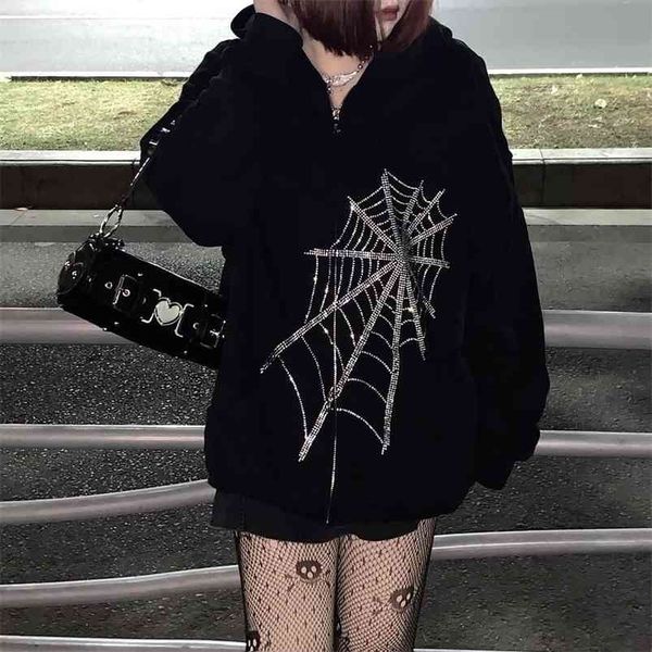 Harajuku Outwear Zipper Sweatshirts Emo Alt Vêtements Gothic Punk Spider Women Féminin Fée Grunge Swark Plus Taille Sweats à capuche 210909