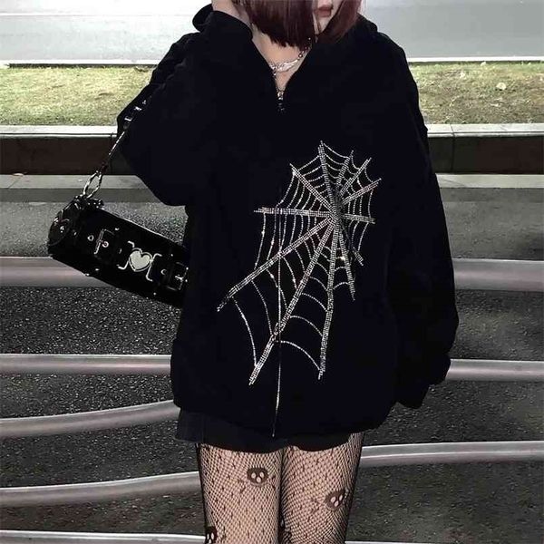 Harajuku Outwear Zipper Sweats Emo Alt Vêtements Gothique Punk Spider Web À Capuche Femmes Fairy Grunge Dark Plus taille hoodies 210813