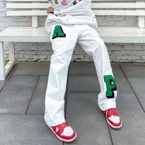 Harajuku pantalon droit lettre couleur bloc blanc noir hommes Cargo pantalon Vibe Style haute rue pantalon décontracté ample