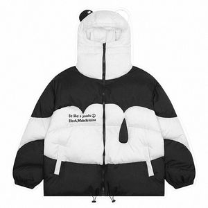 Harajuku Parkas Hombres Hip Hop Streetwear Carta Bordado Lindo Panda Chaquetas acolchadas Invierno Grueso Cálido con capucha Puffer Parka Abrigos s1Hu #