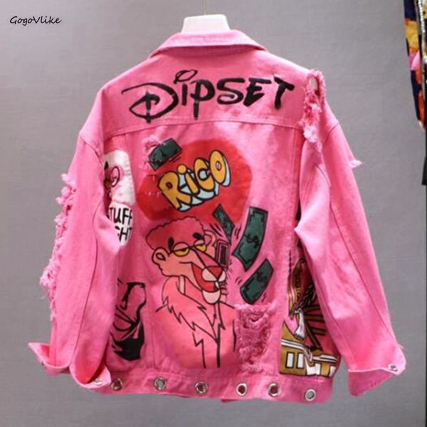 Harajuku Rose / Jaune Denim Jacket Femmes Graffiti Ripped Holes Jeans Vestes pour Teens girl Y2K Kpop Manteaux Outfit LT564S50 201023