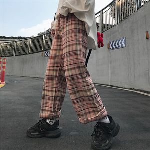 Harajuku Plaid Automne Mince Pantalon Lâche Femmes Rose Pleine Longueur Pantalon Streetwear BF Style Pantalones Mujer Printemps 210319