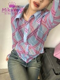 Harajuku Blouse à carreaux femmes col rabattu chemise à manches longues Perspective haut court Style coréen mode Blusas Mujer Streetwear 240322