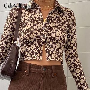 Harajuku impreso vintage Y2K Brown Crop Tops Mujeres Casual Camisetas de un solo pecho Manga larga Trajes lindos coreanos Cuteandpsycho Y0508