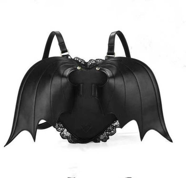 Harajuku Punk Mochila Dark Angel Bat Love Halloween Pu Bag Mujeres Hombres Bookbag 230927