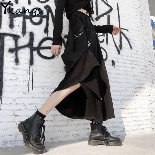 Harajuku Punk Style Jupes Femmes Taille Haute Épissage Boucle Irrégulière Gothique Jupe Noir Mode Streetwear Librement Réglable 210306