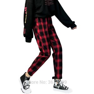 Harajuku rouge plaid hippie cargo femmes mode vintage pantalons décontractés taille élastique femme pantalon plus taille 201118