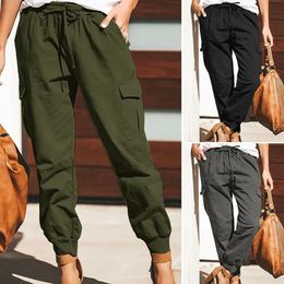Harajuku retro estilo americano carga calça bolsos calças casuais mulher streetwear cordão cintura solta macacão 240104