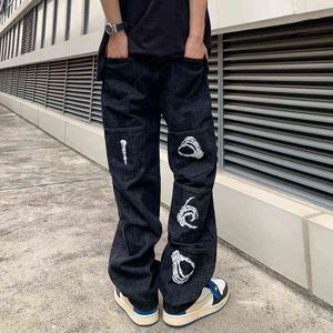 Harajuku rétro dos main empreinte digitale noir hommes jean pantalon Streetwear surdimensionné droit Baggy décontracté Denim pantalon T220803