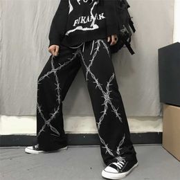 Harajuku retro vrouwen broek doornen gedrukt elastische taille losse brede been mode streetwear grunge donkere casual unisex 2111115