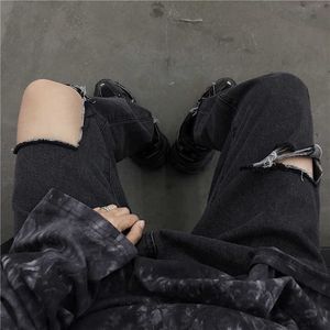 Harajuku's black goth punk pantalones divertido agujero coreano Ulzzang ins suelta mujer casual moda vintage pareja más tamaño jeans 210608